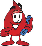Clip Art Graphic of a Transfusion Blood Droplet Mascot Cartoon Character Holding a Telephone