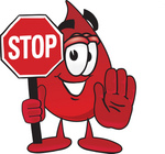 Clip Art Graphic of a Transfusion Blood Droplet Mascot Cartoon Character Holding a Stop Sign