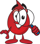 Clip Art Graphic of a Transfusion Blood Droplet Mascot Cartoon Character Looking Through a Magnifying Glass