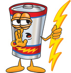 Clip Art Graphic of a Battery Mascot Character Holding A Bolt Of Energy And Whispering