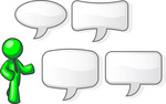 Clip Art Graphic of a Green Guy Character Wearing A Business Tie And Standing With Four Different Styled Text Balloons
