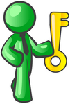 Clip Art Graphic of a Green Guy Character Wearing A Business Tie And Holding A Golden Key