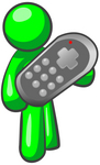 Clip Art Graphic of a Green Guy Character Holding A Giant Remote Control