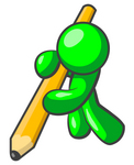 Clip Art Graphic of a Green Guy Character Leaning Heavily And Trying To Write A Message With A Yellow Pencil