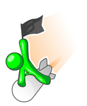 Clip Art Graphic of a Green Guy Character Holding Up A Black Flag And Shooting Past On A Rocket Over An Orange Background