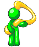 Clip Art Graphic of a Green Guy Character Holding A Giant Curving Question Mark