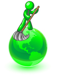 Clip Art Graphic of a Green Guy Character Wearing A Business Tie And Mopping Up Pollution On The Green Earth