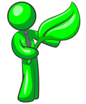 Clip Art Graphic of a Green Guy Character Wearing A Business Tie And Holding A Giant Green Organic Leaf