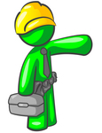 Clip Art Graphic of a Green Guy Character Construction Worker Wearing A Hard Hat, Tool Belt And Tie And Carrying A Tool Box