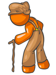 Clip Art Graphic of a Senior Orange Man Character In Overalls And A Hat, Walking Hunchback With A Cane
