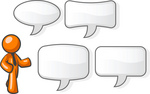 Clip Art Graphic of an Orange Man Character In A Business Tie, Standing By Different Shaped Word Balloons