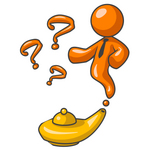 Clip Art Graphic of an Orange Genie Man Character Wearing A Business Tie And Emerging From A Golden Lamp With Three Available Wishes For His Master
