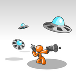 Clip Art Graphic of an Orange Guy Character In A Business Tie, Kneeling And Shooting Laser Guns At Attacking UFOs