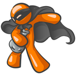 Clip Art Graphic of an Orange Guy Character In A Black Mask And Bandit Cape, Stealing A Bag Of Money