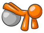 Clip Art Graphic of an Orange Guy Character Doing Pushups With His Legs Propped Up On A Yoga Fitness Ball