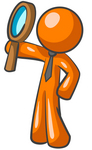 Clip Art Graphic of an Orange Guy Character In A Business Tie, Holding Up A Magnifying Glass