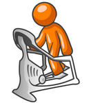Clip Art Graphic of an Orange Guy Character Working Out On A Stair Climber In A Fitness Gym