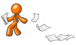 Clip Art Graphic of an Orange Guy Character Looking Back As Papers Fly Away In The Breeze