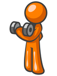 Clip Art Graphic of an Orange Guy Character Working Out His Arm Muscles While Lifting Weights In The Gym