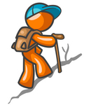 Clip Art Graphic of an Orange Guy Character Wearing A Hat And Backpack, Using A Stick While Hiking