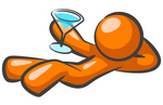 Clip Art Graphic of an Orange Guy Character Lying Down And Holding Up A Blue Cocktail