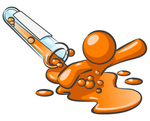 Clip Art Graphic of an Orange Guy Character Spilling Out Of A Test Tube With Liquid