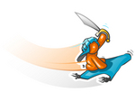 Clip Art Graphic of an Orange Guy Character Holding Up A Sword And Speeding Past On A Magic Carpet