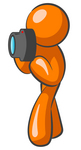 Clip Art Graphic of an Orange Guy Character Taking Photos With A Camera