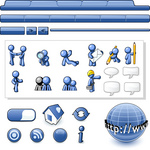 Clip Art Graphic of a Blue Guy Character Web Designer Kit With Tabs, Icons And People