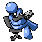Clip Art Graphic of a Blue Guy Character Sitting In A Chair And Reading