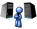 Clip Art Graphic of a Blue Guy Character Standing In Front Of Server Towers