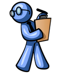 Clip Art Graphic of a Blue Guy Character Wearing Spectacles And A Business Tie And Carrying A Pen And Clipboard While Reviewing Workers