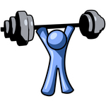 Clip Art Graphic of a Blue Guy Character Holding A Heavy Barbell Above His Head