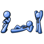 Clip Art Graphic of a Blue Guy Character In Three Poses, Leaning, Laying Down And Stretching