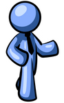 Clip Art Graphic of a Blue Guy Character Wearing A Business Tie And Pointing