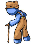 Clip Art Graphic of a Blue Guy Character Aging, Hunched Over And Walking With A Cane