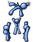 Clip Art Graphic of a Blue Guy Character Being Tossed In The Air By Colleagues