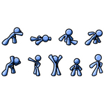 Clip Art Graphic of a Blue Guy Character Collection Of 9 Different Poses Showing Strength