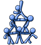 Clip Art Graphic of Blue Guy Characters Forming A Pyramid