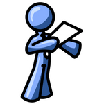 Clip Art Graphic of a Blue Guy Character Standing And Reading A Memo