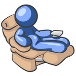 Clip Art Graphic of a Blue Guy Character With A Belly, Sitting In A Reclining Chair