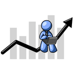 Clip Art Graphic of a Blue Guy Character Working On A Laptop And Sitting On An Arrow Over A Bar Graph