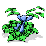 Clip Art Graphic of a Blue Guy Character On A Pile Of Cash, Throwing Money