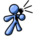 Clip Art Graphic of a Blue Guy Character Announcing Through A Microphone