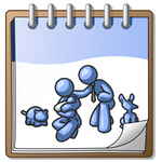 Clip Art Graphic of a Blue Guy Character Kneeling With His Family And Pets On A Notepad