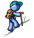 Clip Art Graphic of a Blue Guy Character Hiking