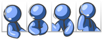 Clip Art Graphic of a Blue Guy Character Speaking To Clients On A Headset