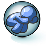 Clip Art Graphic of a Blue Guy Character Stuck In A Bubble