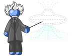 Clip Art Graphic of a Blue Guy Character Of Albert Einstein Pointing To A UFO