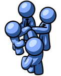Clip Art Graphic of Blue Guy Characters With Their Hands In The Center Of A Circle